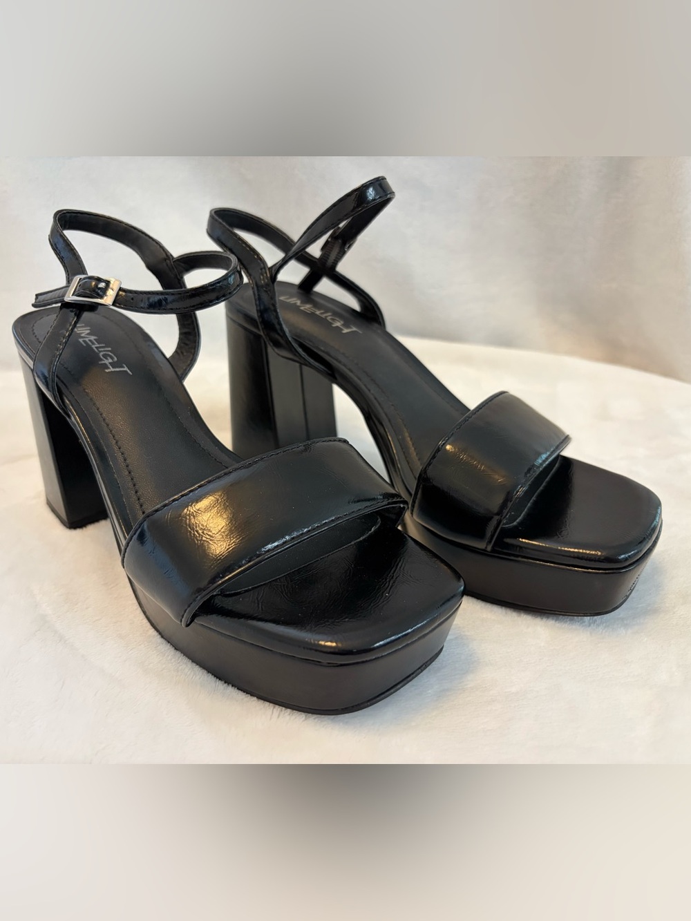 Limelight Black Patent Platform Block Heel Sandals with Ankle Strap